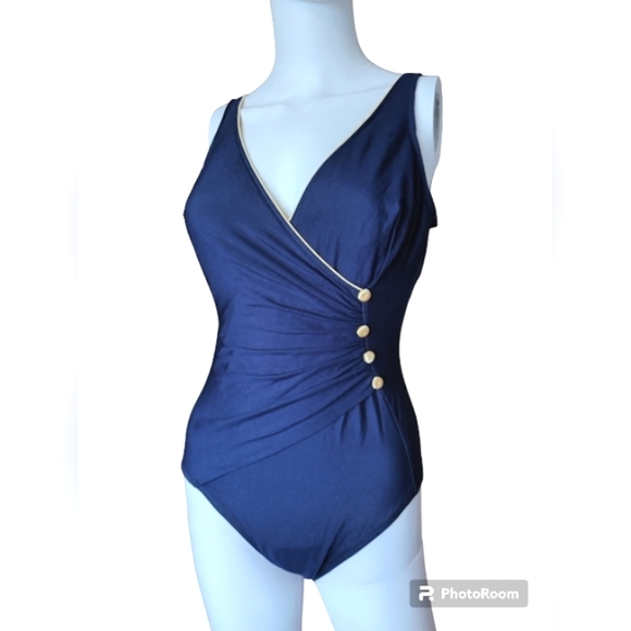 Longitude One Piece Swimsuit Dark Blue & Yellow Swimwear for Women Size S. - Picture 1 of 15